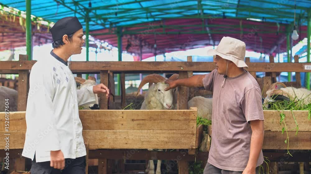 Muslim Man Picking A Goat To Buy And Negotiate With Farmer at The Cattle Farm. Islamic and Eid Al Adha Concept. Muslim Man Picking A Goat To Buy And Negotiate With Farmer at The Cattle Farm. Islamic and Eid Al Adha Concept.