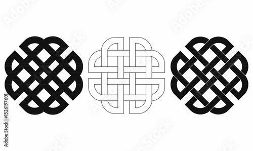 set of Celtic infinity knots in circular heart form, thin,line,outline,silhouette,black filled and outline styles. Traditional interwoven illustration design for tattoos, logos,icon, symbols, ethnic