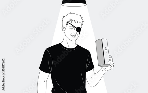Black and white illustration of a young man with an eye patch reading a book, symbolizing resilience and intellect
