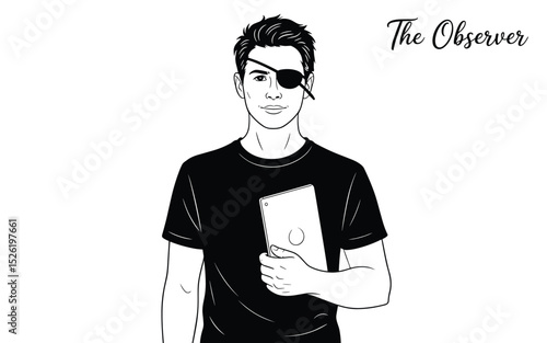 Black and white illustration of a young man with an eye patch reading a book, symbolizing resilience and intellect
