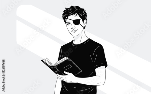 Black and white illustration of a young man with an eye patch reading a book, symbolizing resilience and intellect
