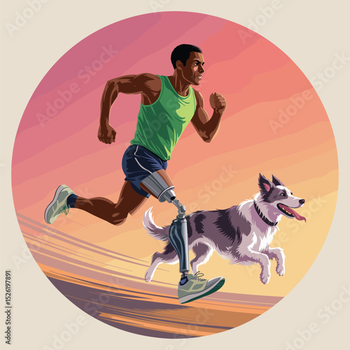 Athletic man with prosthetic legs running with dog at sunset, symbol of strength and resilience
