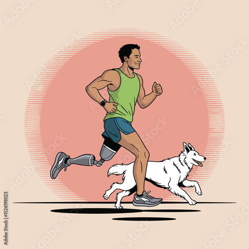 Athletic man with prosthetic legs running with dog at sunset, symbol of strength and resilience
