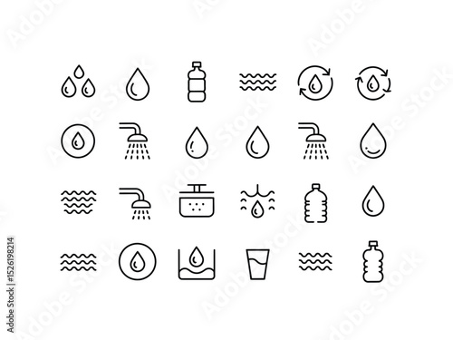 Water Drop Line Icons Set, Recycling Arrows, Bottle, Wave with Transparent Background