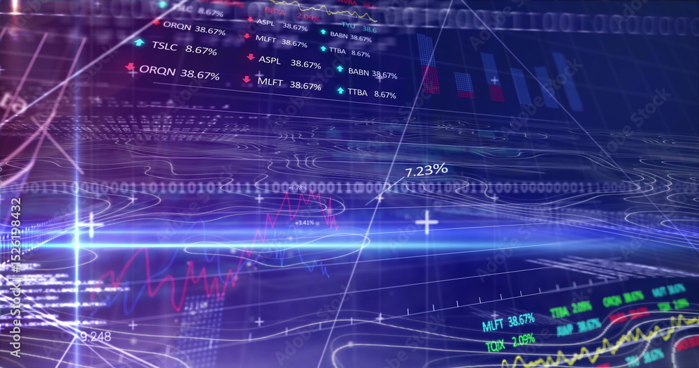 Fototapeta premium Image of binary coding and data processing over blue background