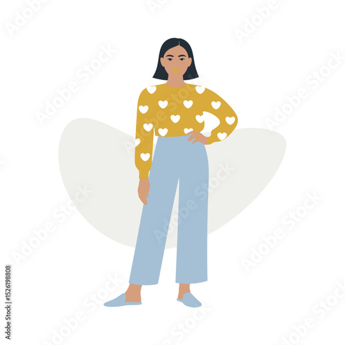 Confident woman with one arm wearing heart-patterned sweater and wide-leg pants, cartoon illustration celebrating individuality and disability inclusion
