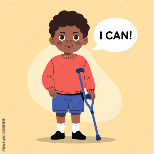 Motivated young boy with crutch and prosthetic leg saying "I can!", cartoon illustration promoting disability empowerment and positive mindset
