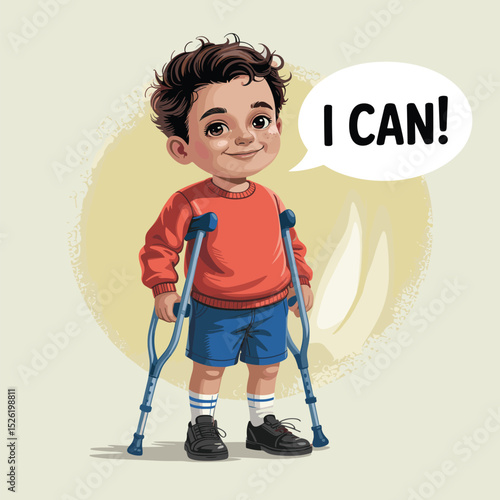 Motivated young boy with crutch and prosthetic leg saying "I can!", cartoon illustration promoting disability empowerment and positive mindset
