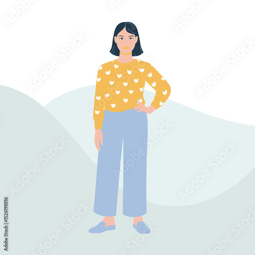 Confident woman with one arm wearing heart-patterned sweater and wide-leg pants, cartoon illustration celebrating individuality and disability inclusion
