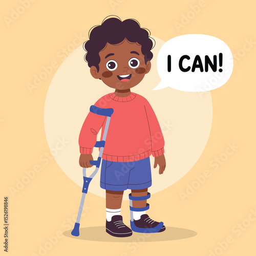 Motivated young boy with crutch and prosthetic leg saying "I can!", cartoon illustration promoting disability empowerment and positive mindset
