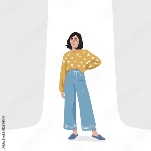 Confident woman with one arm wearing heart-patterned sweater and wide-leg pants, cartoon illustration celebrating individuality and disability inclusion
