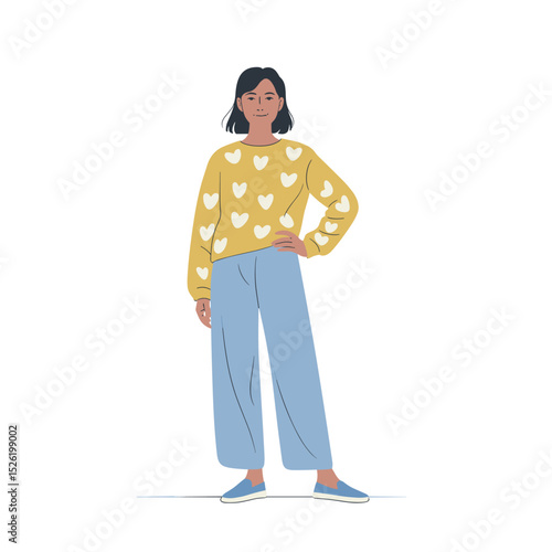 Confident woman with one arm wearing heart-patterned sweater and wide-leg pants, cartoon illustration celebrating individuality and disability inclusion
