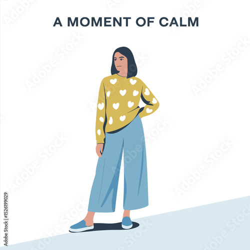 Confident woman with one arm wearing heart-patterned sweater and wide-leg pants, cartoon illustration celebrating individuality and disability inclusion

