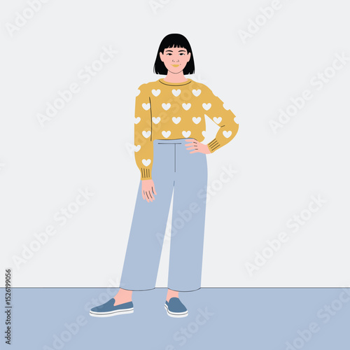 Confident woman with one arm wearing heart-patterned sweater and wide-leg pants, cartoon illustration celebrating individuality and disability inclusion
