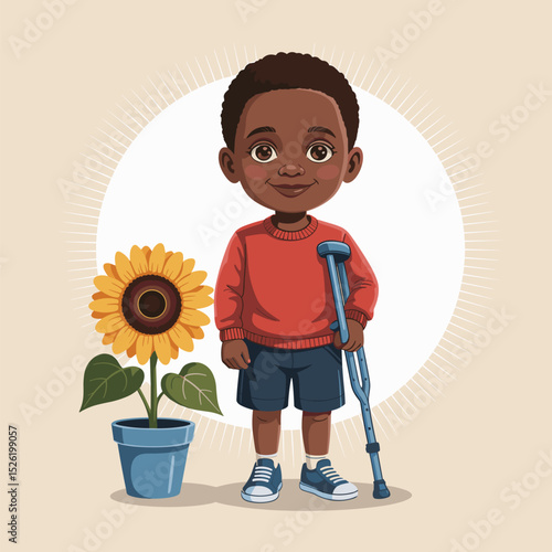 Smiling young boy with prosthetic leg and crutch standing proudly beside sunflower, inspirational cartoon illustration promoting disability inclusion and confidence
