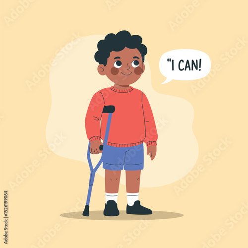 Smiling young boy with prosthetic leg and crutch standing proudly beside sunflower, inspirational cartoon illustration promoting disability inclusion and confidence
