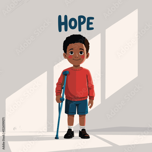 Smiling young boy with prosthetic leg and crutch standing proudly beside sunflower, inspirational cartoon illustration promoting disability inclusion and confidence
