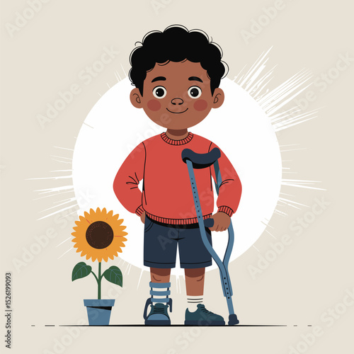 Smiling young boy with prosthetic leg and crutch standing proudly beside sunflower, inspirational cartoon illustration promoting disability inclusion and confidence
