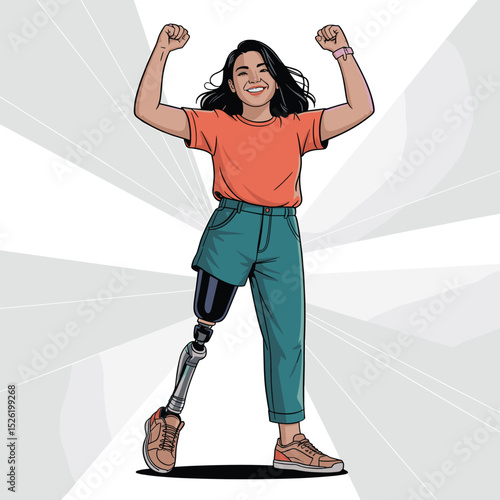 Confident young woman with prosthetic leg raising arms in victory pose, symbol of empowerment and resilience
