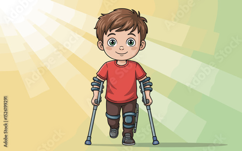 Smiling young boy with prosthetic leg and crutch standing proudly beside sunflower, inspirational cartoon illustration promoting disability inclusion and confidence
