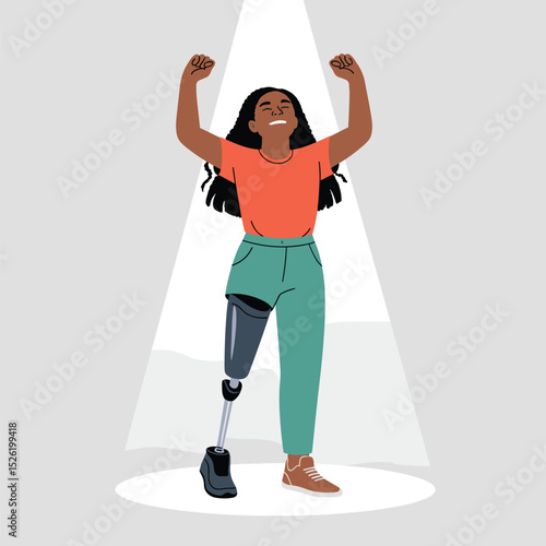 Confident young woman with prosthetic leg raising arms in victory pose, symbol of empowerment and resilience
