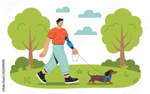 Cartoon man with prosthetic arm walking dachshund dog in park on sunny day
