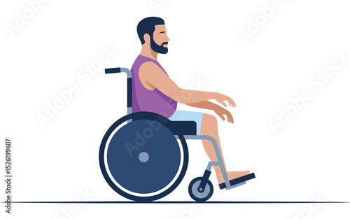 Bearded man in casual clothes sitting in wheelchair, side view illustration promoting disability inclusion
