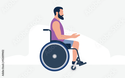 Bearded man in casual clothes sitting in wheelchair, side view illustration promoting disability inclusion
