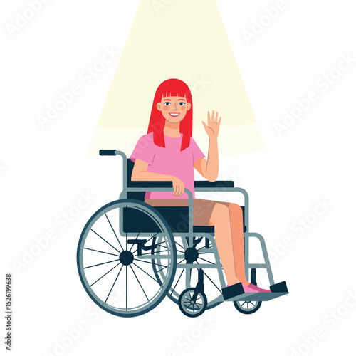 Smiling young woman with red hair in wheelchair waving near sunny window and potted sunflower
