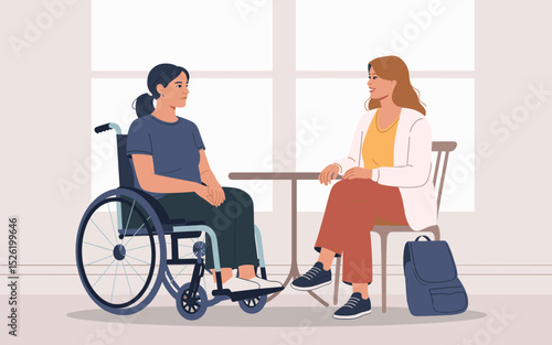 Two women having a friendly conversation, one in a wheelchair and the other seated on a stool in a cozy indoor setting
