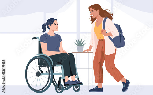 Two women having a friendly conversation, one in a wheelchair and the other seated on a stool in a cozy indoor setting
