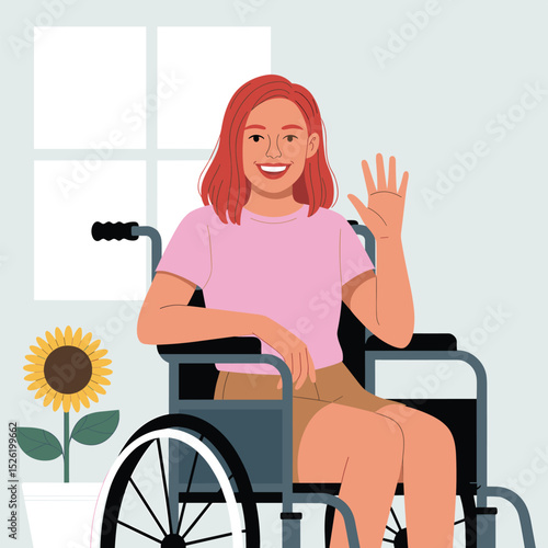 Smiling young woman with red hair in wheelchair waving near sunny window and potted sunflower
