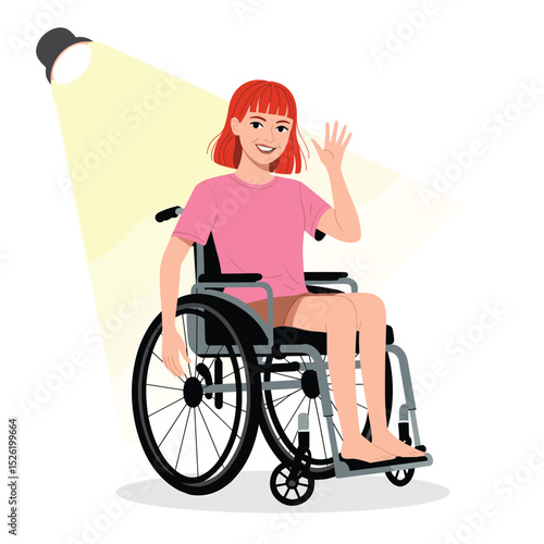 Smiling young woman with red hair in wheelchair waving near sunny window and potted sunflower
