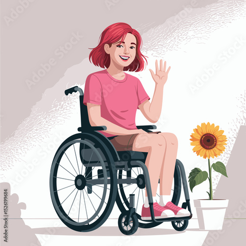 Smiling young woman with red hair in wheelchair waving near sunny window and potted sunflower
