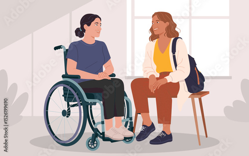 Two women having a friendly conversation, one in a wheelchair and the other seated on a stool in a cozy indoor setting
