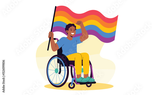 Proud cartoon man in wheelchair holding rainbow LGBTQ+ flag, symbol of inclusion and diversity
