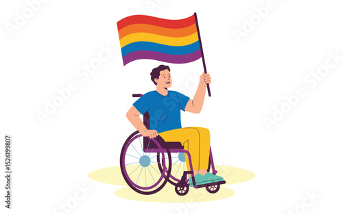 Proud cartoon man in wheelchair holding rainbow LGBTQ+ flag, symbol of inclusion and diversity
