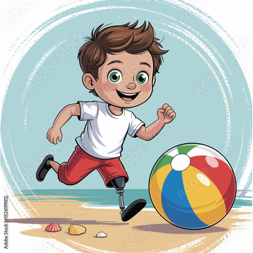 Happy cartoon boy with prosthetic leg playing with beach ball on sunny seaside with seashells
