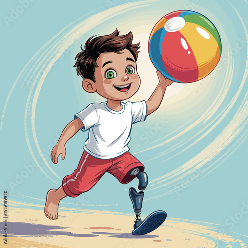 Happy cartoon boy with prosthetic leg playing with beach ball on sunny seaside with seashells
