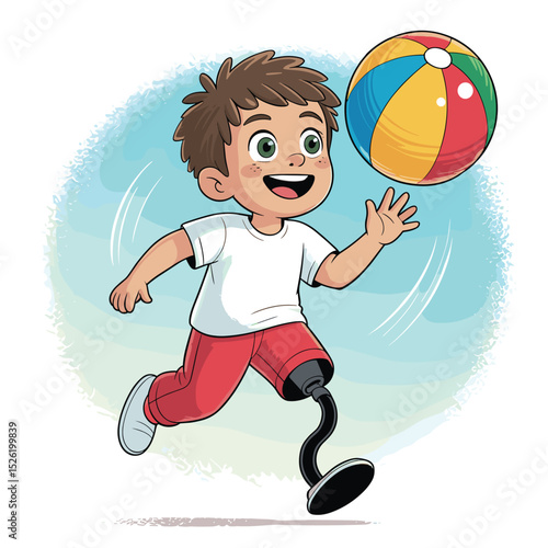 Happy cartoon boy with prosthetic leg playing with beach ball on sunny seaside with seashells
