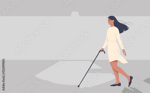 Stylish woman walking with cane in minimalist setting, symbol of elegance and mobility support
