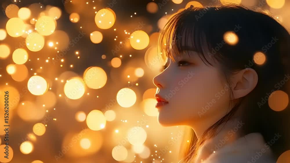 Woman gazing thoughtfully amidst glowing bokeh lights Woman gazing thoughtfully amidst glowing bokeh lights