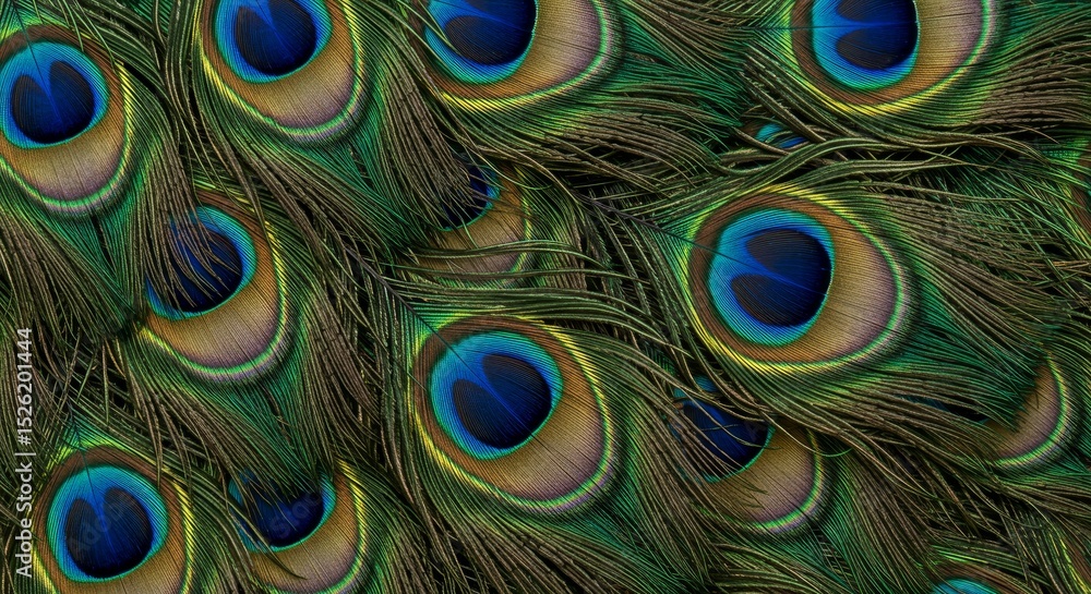 Fototapeta premium Peacock Feather Pattern Close Up, Vibrant Green and Blue