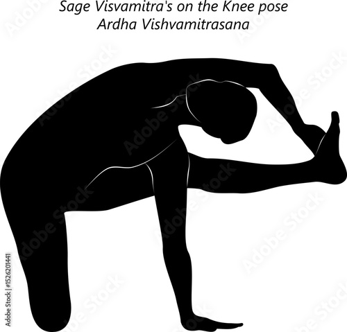 Silhouette of woman practicing Ardha Vishvamitrasana yoga pose. Sage Visvamitra on the Knee yoga pose. Isolated vector illustration
