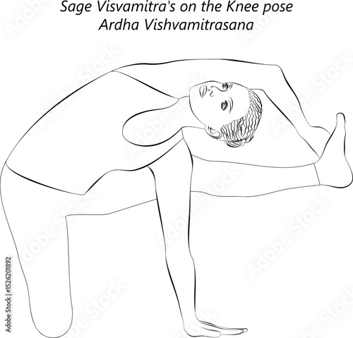 Sketch of young woman practicing Ardha Vishvamitrasana yoga pose. Sage Visvamitra on the Knee yoga pose. Isolated vector illustration.
