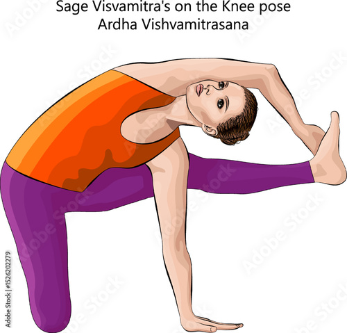 Young woman practicing Ardha Vishvamitrasana yoga pose. Sage Visvamitra on the Knee yoga pose. Intermediate Difficulty. Isolated vector illustration.