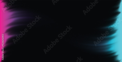Vector halftone wave curve with glowing magenta and cyan edges on black background. Retro dot neon glow gradient design.