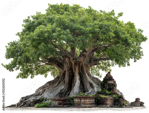 Large old banyan tree with massive roots growing near ancient temple ruins stands majestically isolated.