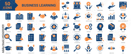 Business Learning icon collection set. Containing education, innovation, training, test, quality, evidence, learning, assessment, evaluation, teamwork, planning, requirements icon. Simple flat vector