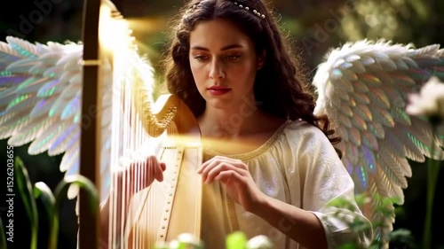 Woman playing harp outdoors